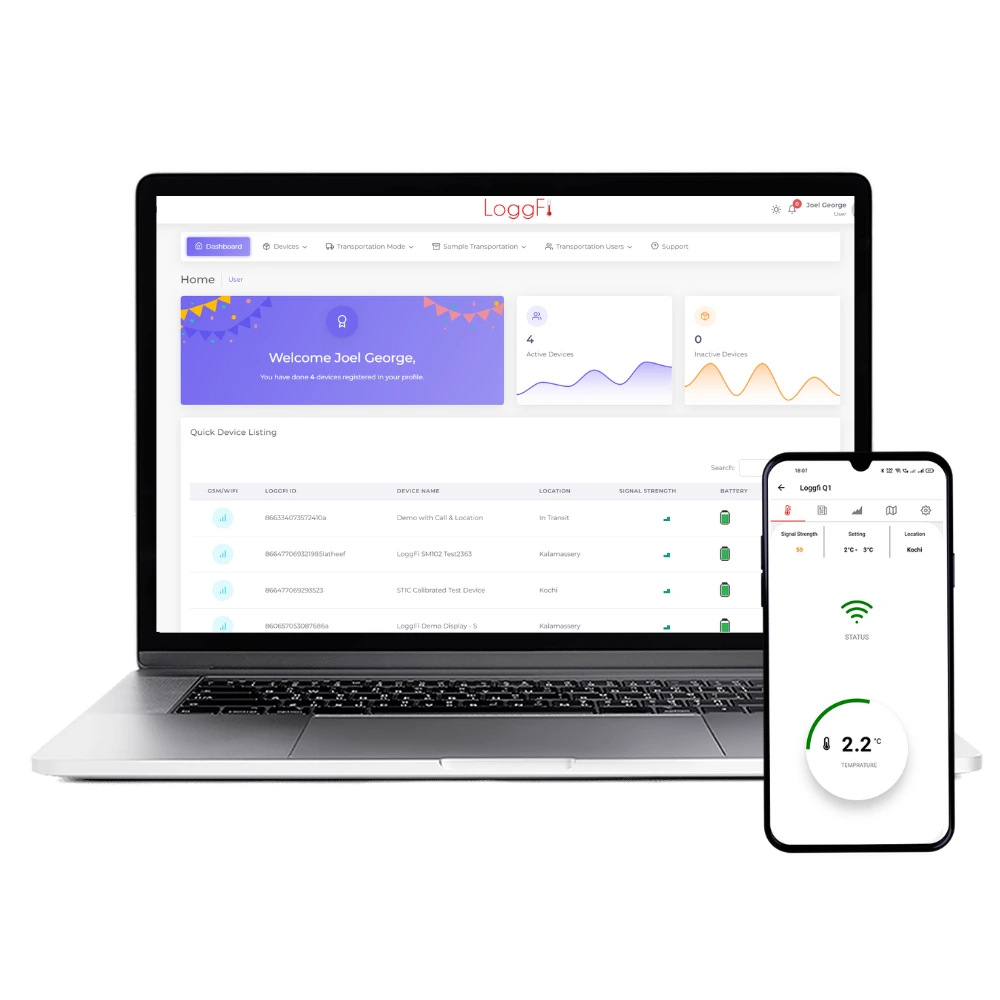 Loggfi temperature monitoring dashboard on tablet showing real-time data